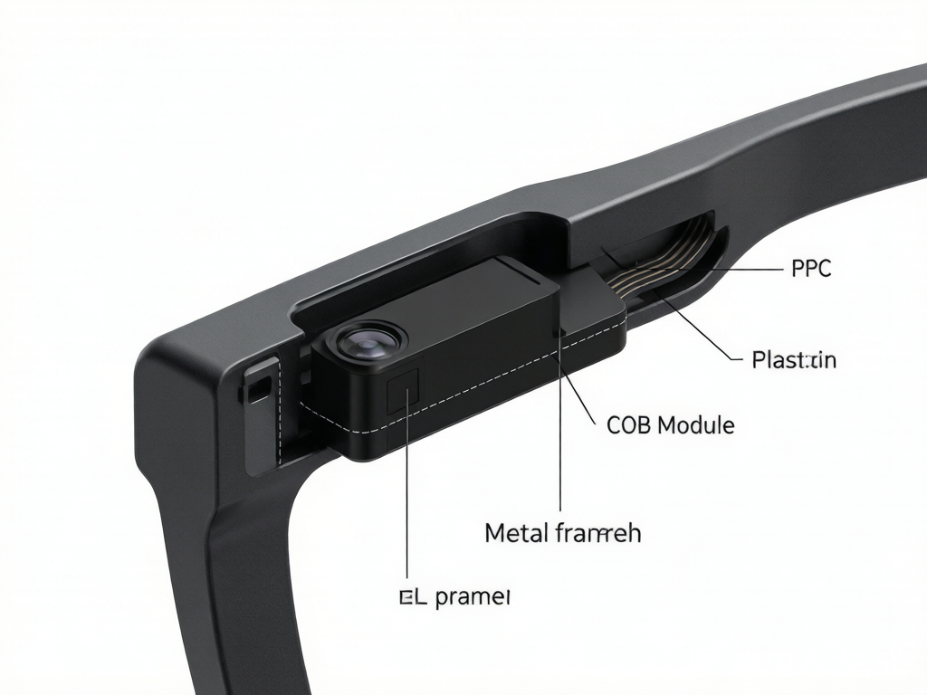 Cross-section of miniature camera module in AI smart glasses