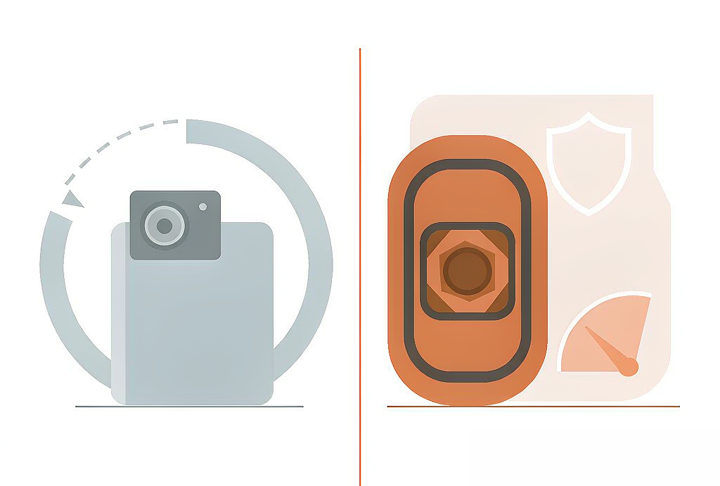 Consumer camera vs automotive camera comparison diagram: left side shows consumer-grade (regular smartphone/tablet), right side shows automotive-grade (with shield and thermometer symbols, representing IATF 16949, AEC-Q100, temperature resilience, vibration resistance)