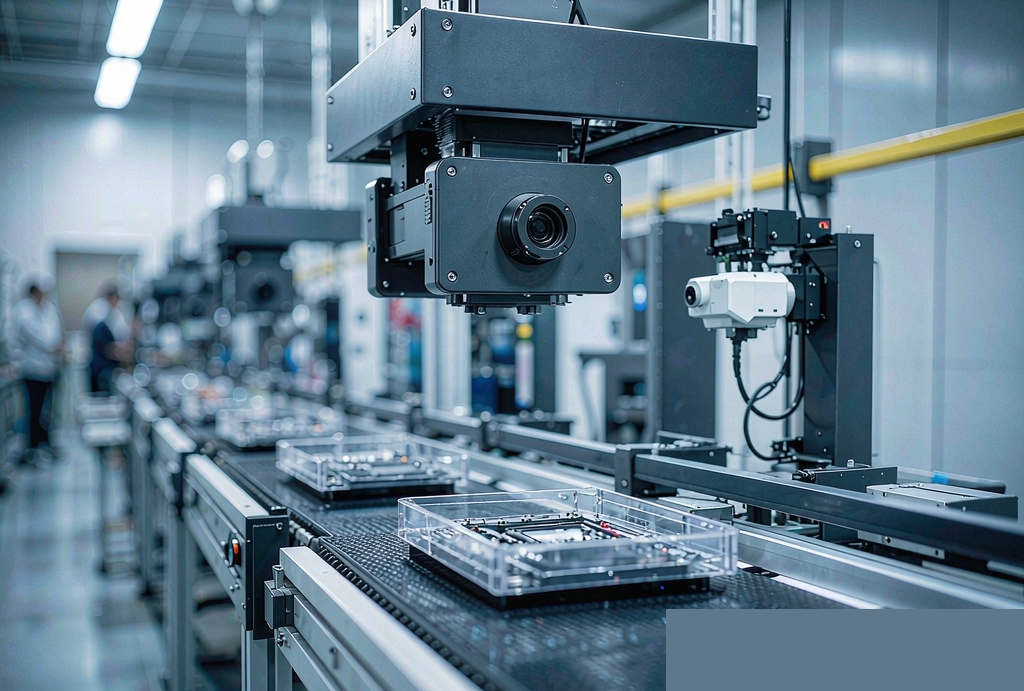 Area scan cameras inspecting PCB boards on a conveyor in an electronics manufacturing line