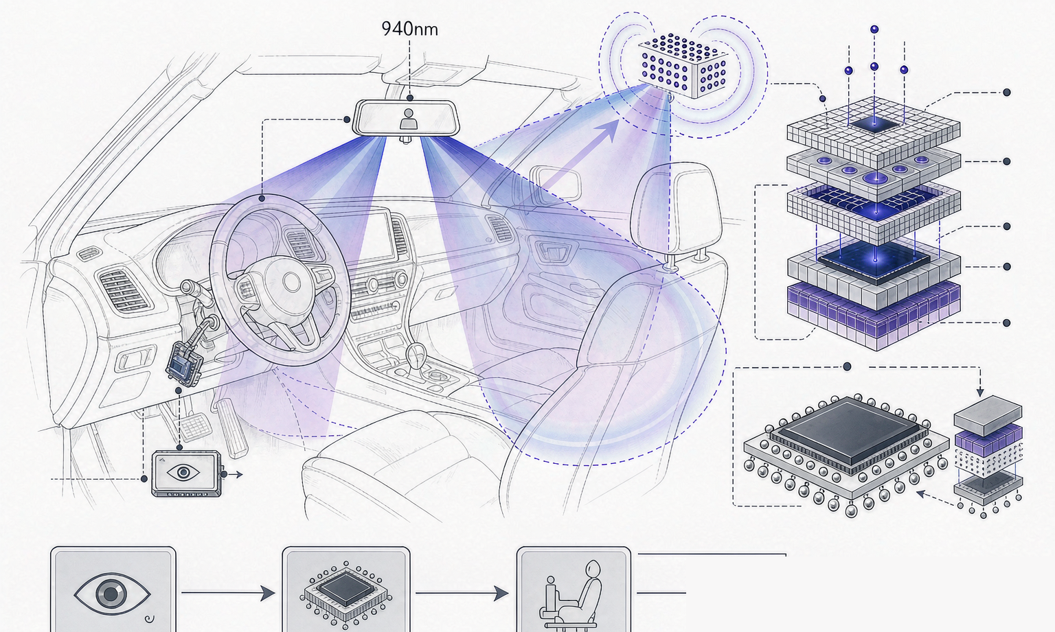 In-cabin monitoring camera module architecture: DMS and OMS placement with 940nm IR illumination